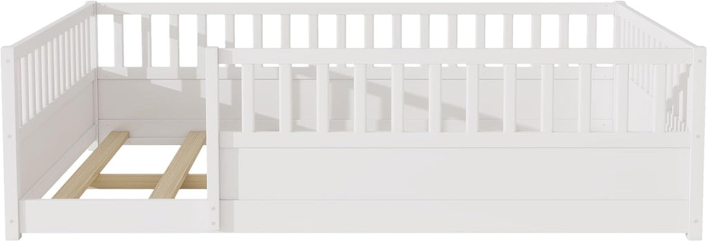 Kids Montessori Floor Bed Frame with High Fence, White