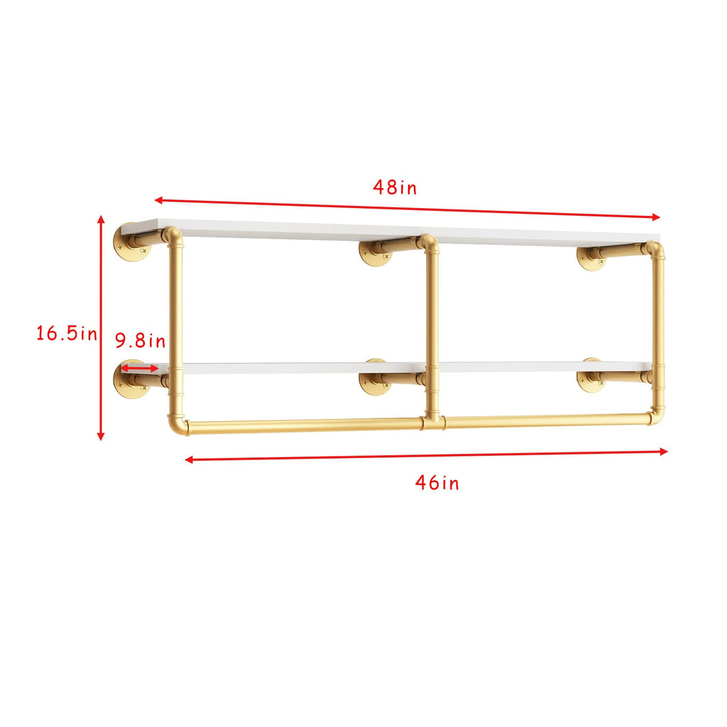 48'' Industrial Pipe Shelving Floating Wall Shelves 2 Tier Gold Shelves Multiple Use