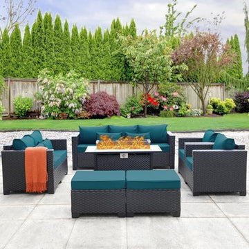 7-Piece Outdoor Patio Furniture Set - Fire Pit | Peacock Blue for Patio, Garden & Porch