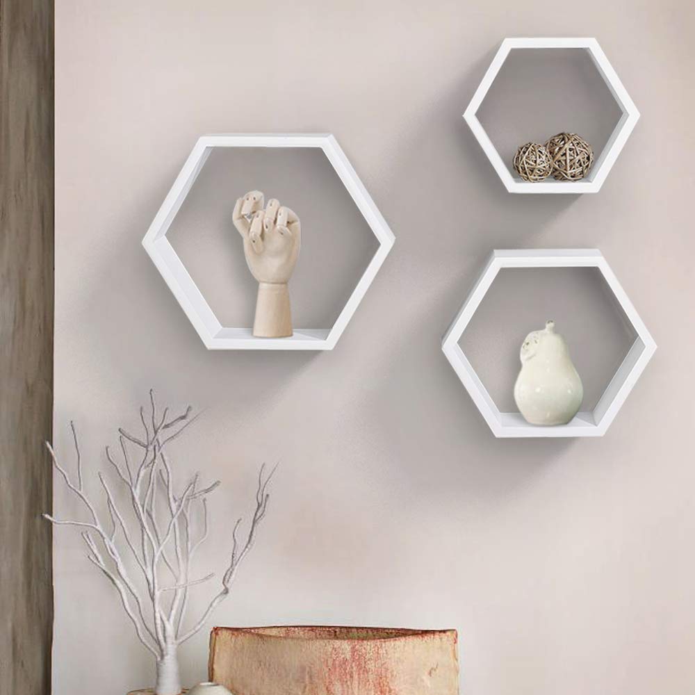 Hexagon Floating Shelves Set of 3, White Engineered Wood Wall Mounted Display Shelves, Modern Honeycomb Wall Decor