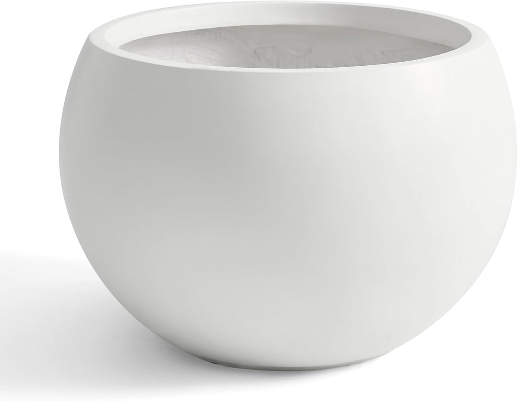 19.3"Dia x 13"H Large Fiberstone Sphere Planter, White Round Pot | 15" Opening, Drainage Hole & Plug, Wheathered