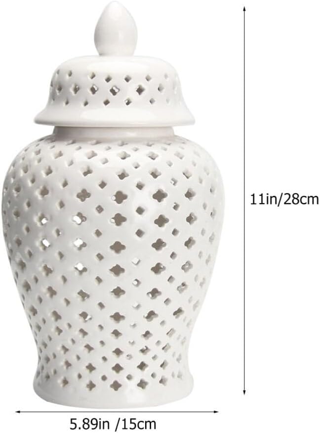 Ginger Jars Decor Traditional Pierced Ginger Jar with Lid Carved Lattice Decorative Temple Jar Cut Out Ceramic Vase