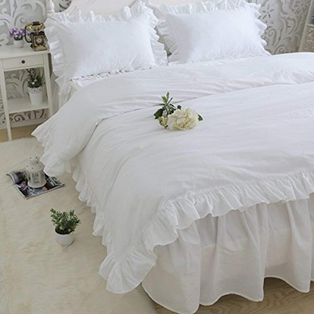 Cotton Duvets - Soft Luxurious 3-Piece Frilled Corner Ruffle Quilt Duvet Cover Set with Corner Ties 100% Cotton 400