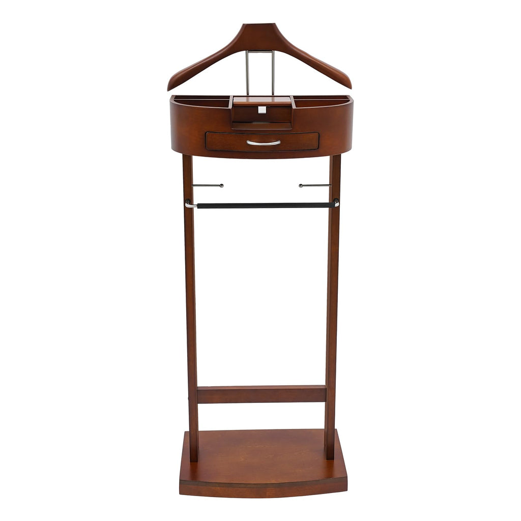 Wood Mens Valet Stand Multifunction Clothes Valet Floorstanding Suit Stand Rack with Drawer & Shoe Rack Use (Brown)