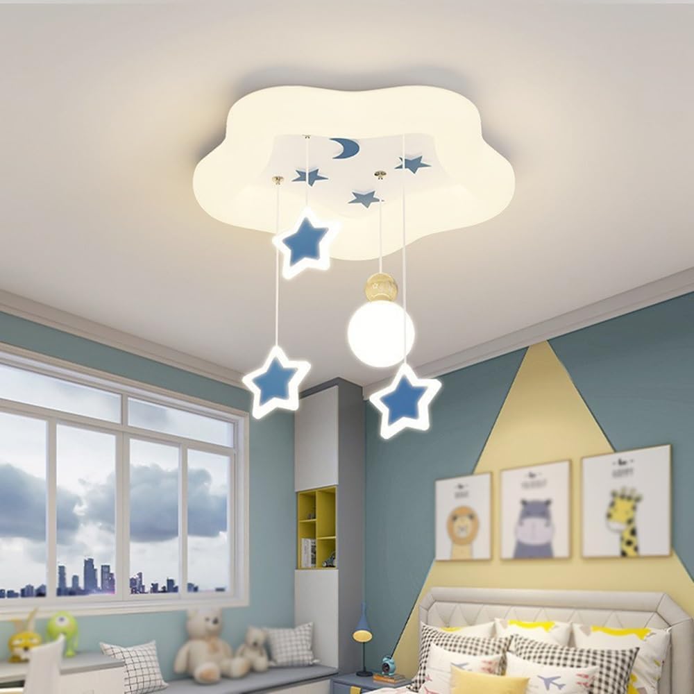 Modern Kids LED Ceiling Light Cloud Shaped Flush Mount Ceiling Lamp Hanging Stars and Moon Pattern Blue or Pink