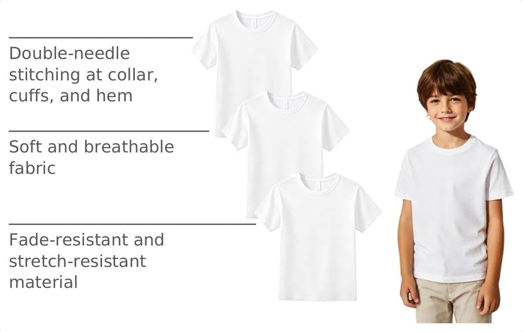 3 Pack White t Shirts for Kids,Crew Neck Short Sleeve Boys Clothes Undershirt, Boys Tank Tops Polyester tee Bulk