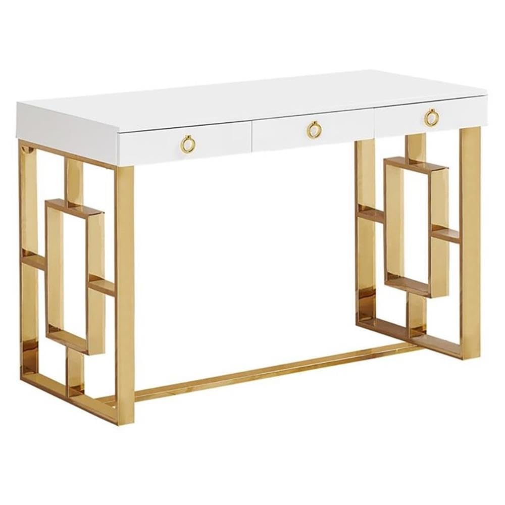 Barento 47" White Gloss Rectangular Computer Desk with 3 Drawers and Ring Handles, Stainless Steel Sled Base