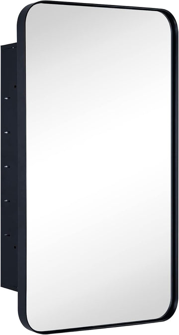 Matt Black Rectangle Recessed Bathroom Medicine Cabinet with Mirror Stainless Steel Metal Framed Rounded Rectangular