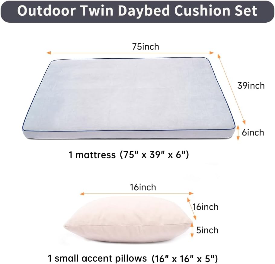 Outdoor Twin Daybed Cushion Set, Patio Porch Swing Bed Mattress - Soft Comfortable Replacement Cushions with Non-Slip