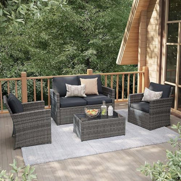 4-Piece Wicker Outdoor Patio Furniture Set - Conversation | Gray All-Weather Resistant for Patio, Garden & Porch