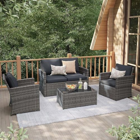 4-Piece Wicker Outdoor Patio Furniture Set - Conversation | Gray All-Weather Resistant for Patio, Garden & Porch
