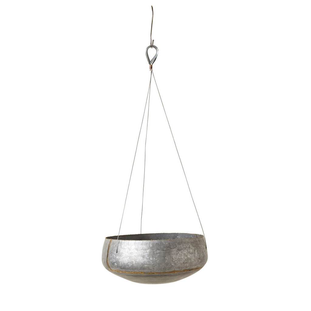 Round Galvanized Metal Hanging Planter with Rope and Hook, Silver and Gold