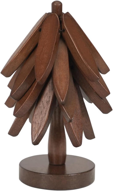 Wooden Trivet Tree for Hot Dishes, 4 Coasters + Stand, Walnut Finish - Set of 5