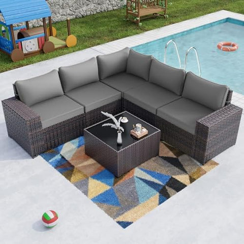 6-Piece Wicker Outdoor Patio Furniture Set | Grey for Patio, Garden & Porch