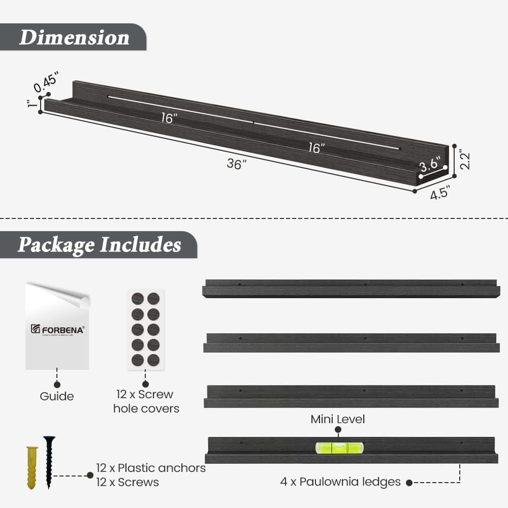 Black Picture Ledge Shelf 36 Inches Long, Floating Photo Shelves with Lip