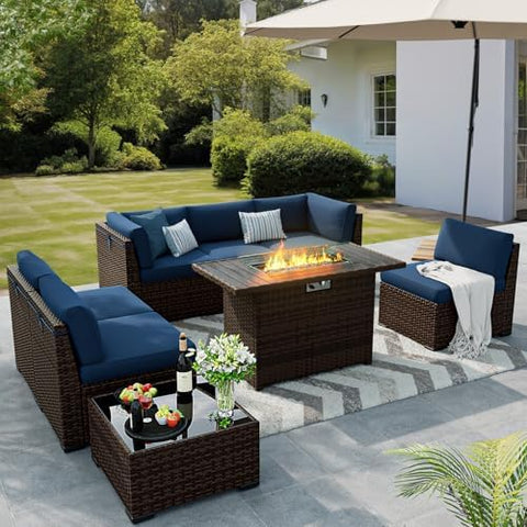 8-Piece Rattan Outdoor Patio Furniture Set - Fire Pit | Navy Blue for Patio, Garden & Porch