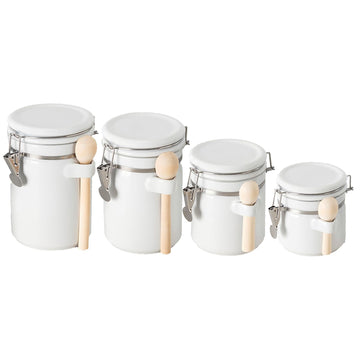 Canister Sets For The Kitchen (4 Piece Set) White, High Gloss Ceramic | By | Decorative| With Wooden Spoons