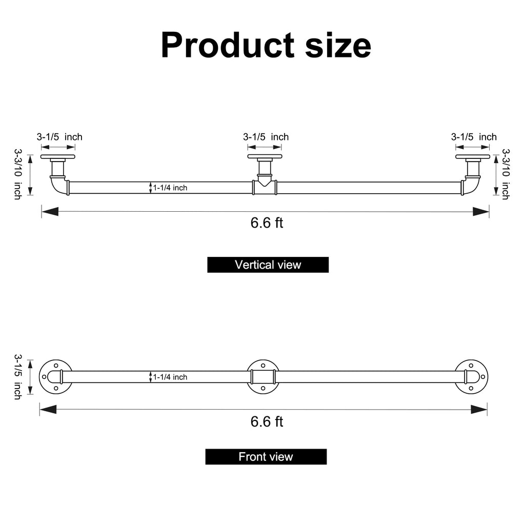 6.6FT Industrial Pipe Wall Handrail, Farmhouse Stairway Railing with 1-1/4 Inch Outer Diameter Pipe, Vintage Style