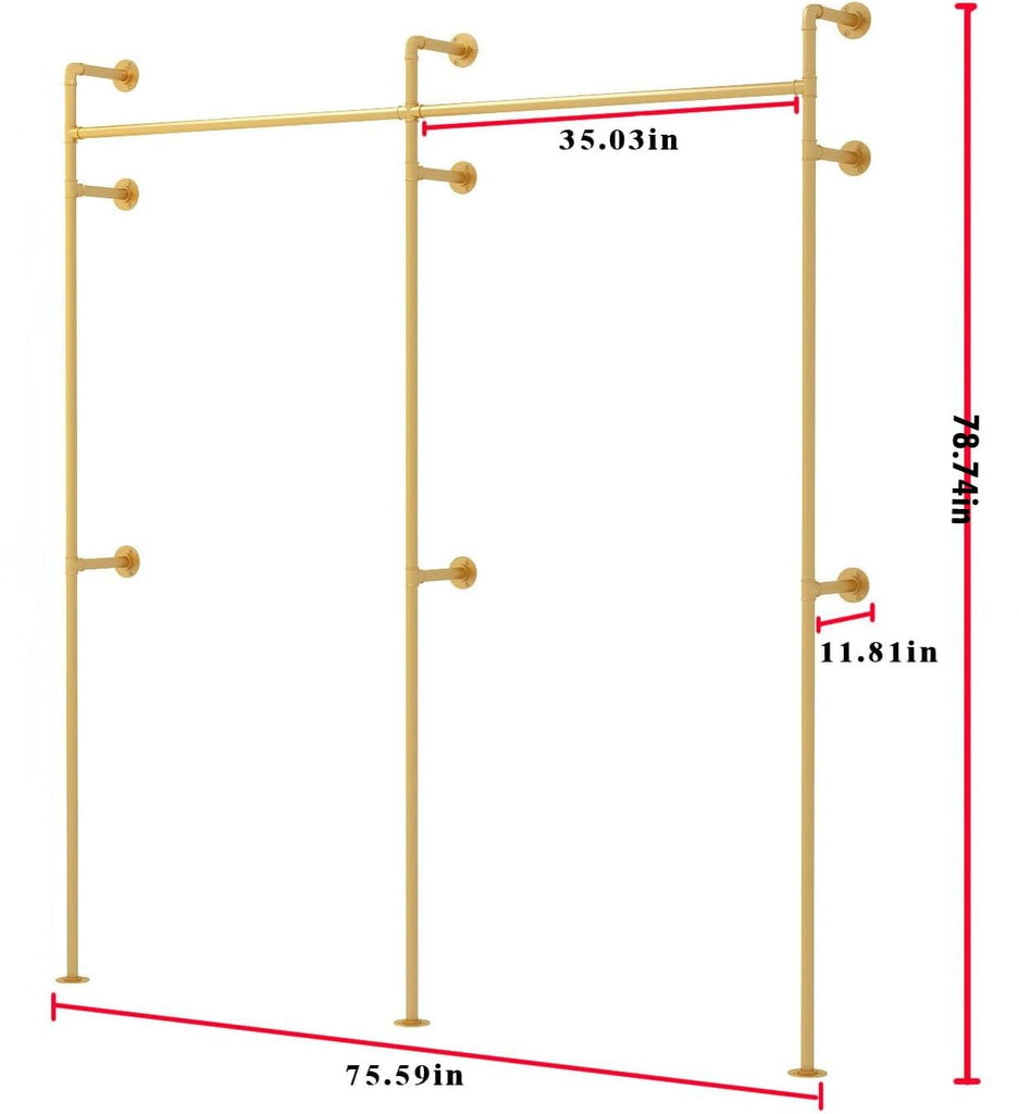 Industrial Pipe Clothing Rack, Heavy Duty Clothes Rack with Double Rods for Hanging Clothes, Wall Mount Space-Saving