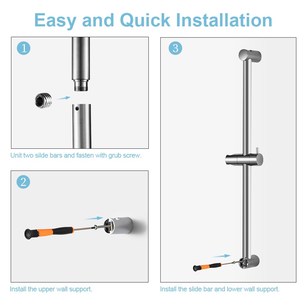 Shower Slide Bar 24 in Segmental Slide Bar Adjustable Installation Distance 18-24 in with 360° Adjustable Handheld
