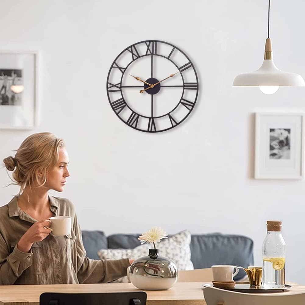 Large Industrial Wall Clock with Roman Numerals, Indoor Silent Non-Ticking Retro Clock