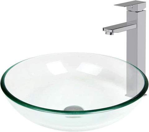 Bathroom Vessel Sink, Tempered Glass Vanity Round Bowl with Chrome Faucet and Pop up drain Set, Clear