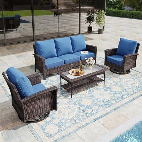 4-Piece Wicker Outdoor Patio Furniture Set - Swivel | Navy Blue All-Weather Resistant with Thick Cushions for Patio, Garden & Porch