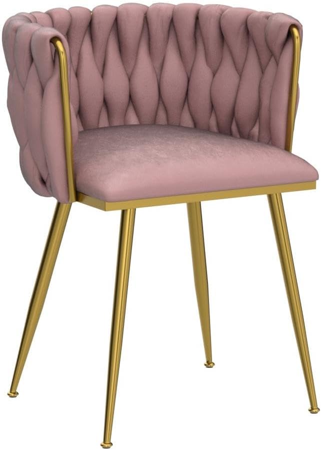 Woven Velvet Dining Chairs Set of 6, Upholstered Accent Chairs with Gold Metal Legs, Modern Dining Room Chairs, Pink