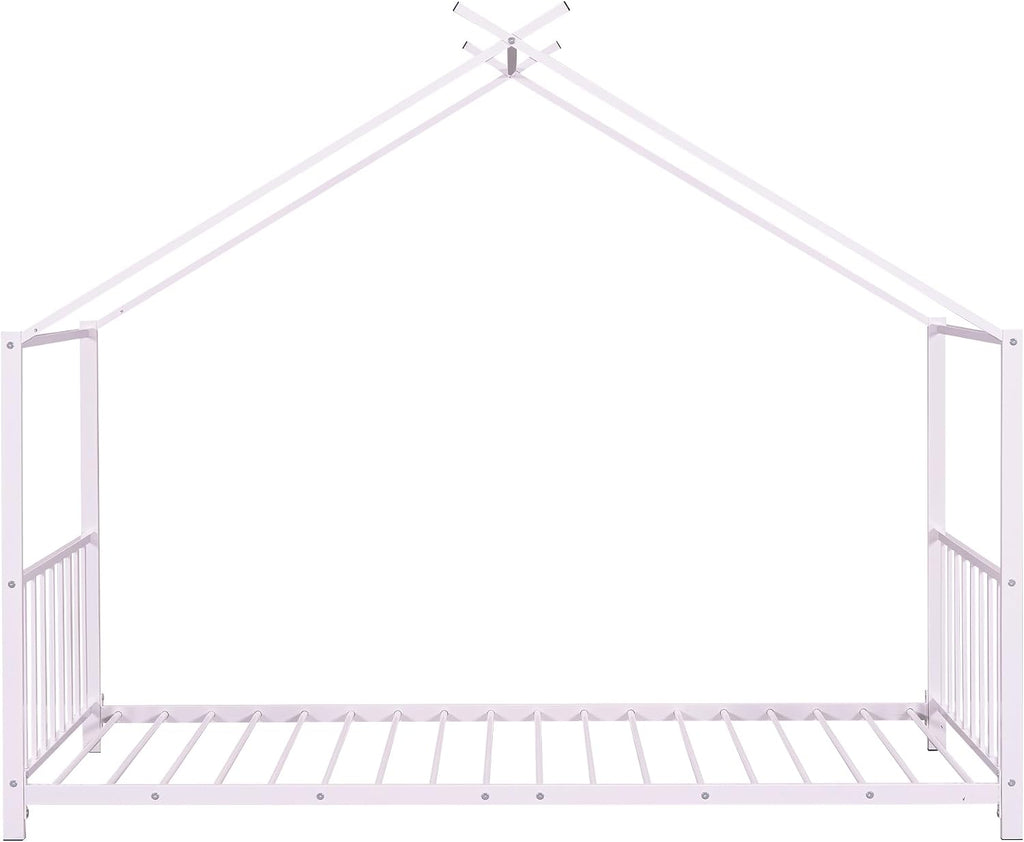 Kids Montessori Floor Bed, House Bed Frame with High Headboard, Floor Bed with Roof for Boys Girls, Floor Bed