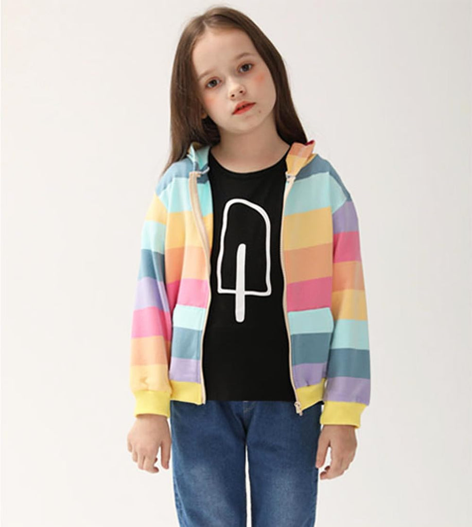 Toddler Girl Zip up Hoodie Jacket Rainbow Sweatshirt Long Sleeve Cotton Striped Hooded Coat Fall Outfits Kids Winter
