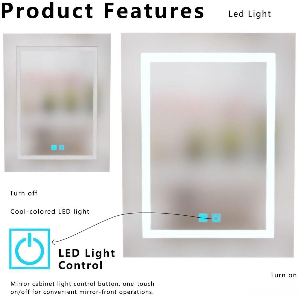 25.59" x 19.69" LED Bathroom Medicine Mirror Cabinet, Wall Mounted Single Door Aluminum Storage Cabinet with Anti-Fog
