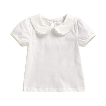 Kids Baby Girl Long Sleeve Collar Shirt Toddler White Blouse Puff Short Sleeve T-Shirt Solid Color Basic Top Bottom