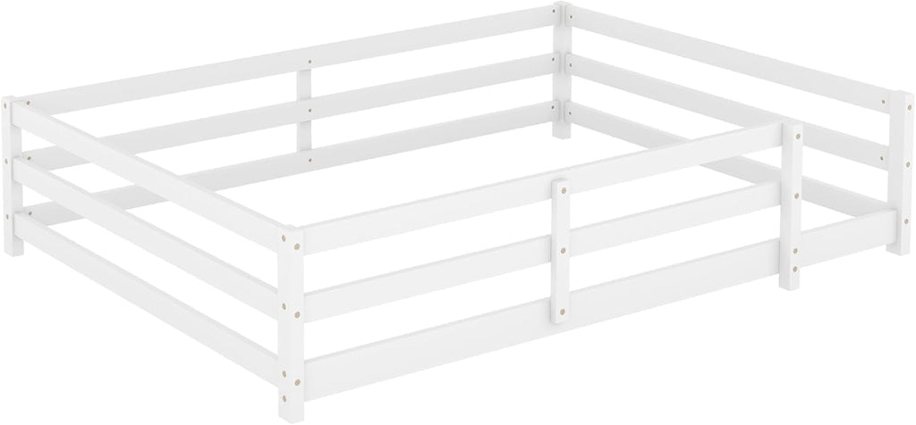 Floor Bed for Kids with High Fence, Wooden Montessori Floor Beds, White no slats