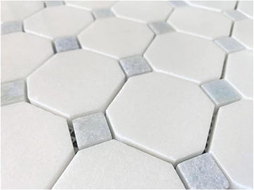 Octagon Thassos White with Sky Blue Dots Polished Marble Mosaic Floor Wall Tile (Box of 5 Sheets) Backsplash