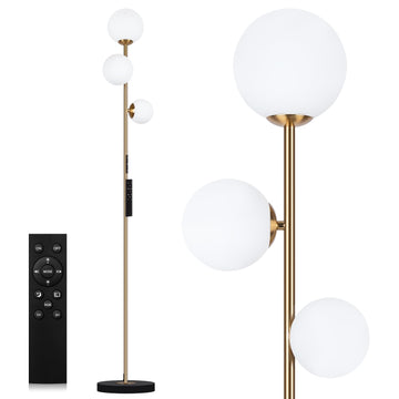 3 Globe Floor Lamp - Mid Century Modern Standing Light with 3 Color Temperatures, LED Frosted Glass Shades (Gold)
