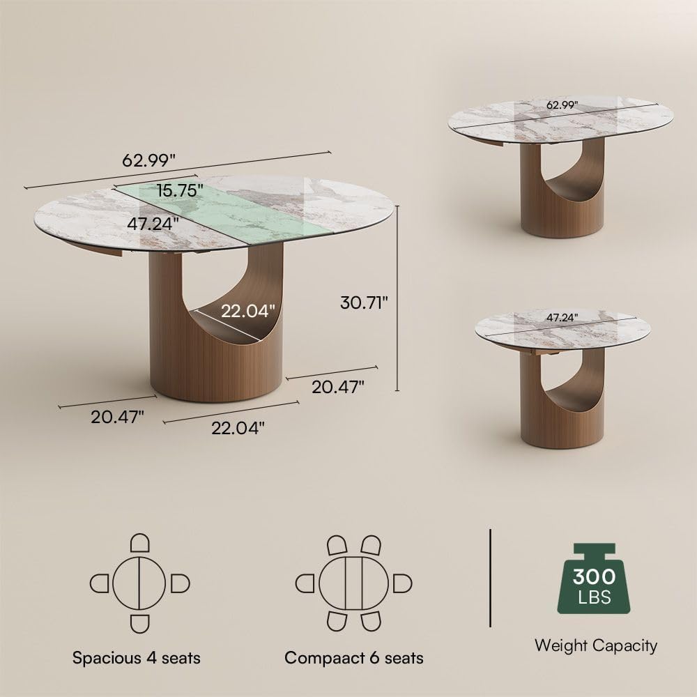 Modern Extendable Dining Table for 4-6, 47" to 63" Round to Oval Sintered Stone Kitchen Table with Carbon Steel Base