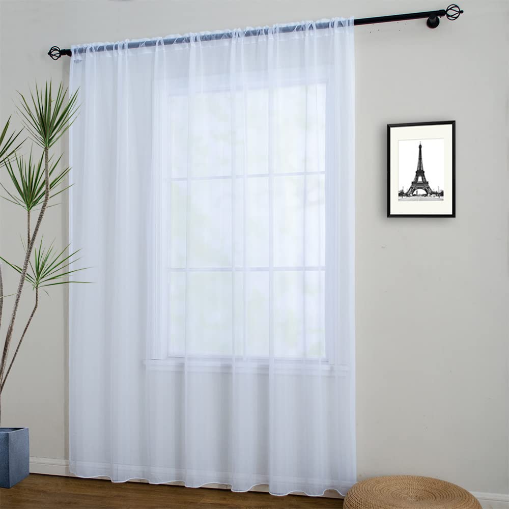 Extra Wide White Sheer Curtains Door Curtain for Sliding Door, Sheer Voile Rod Pocket Room Divider Curtains, White