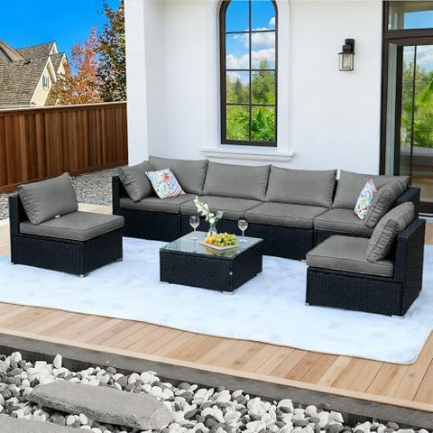 7-Piece Wicker Outdoor Patio Furniture Set | Black All-Weather Resistant for Patio, Garden & Porch