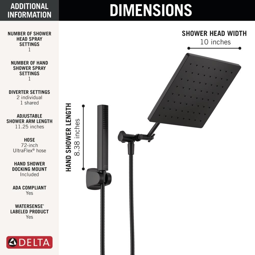 Matte Black Rain Shower Head and Handheld Combo, 10-inch Square Shower Head Rainfall, Overhead Rain Showerhead, Matte