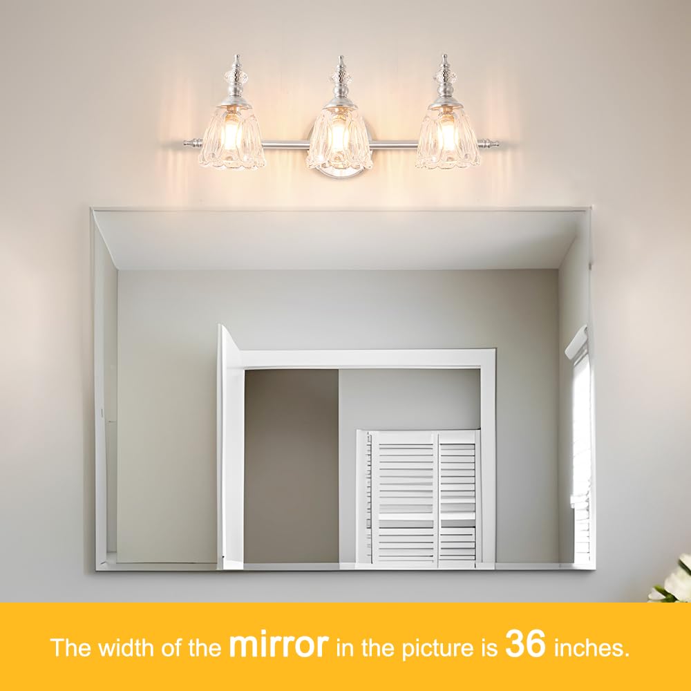 Brushed Nickel Vanity Light, Antique Bathroom Vanity Light Over Mirror, 3 Light Lighting Fixture with Flower Glass