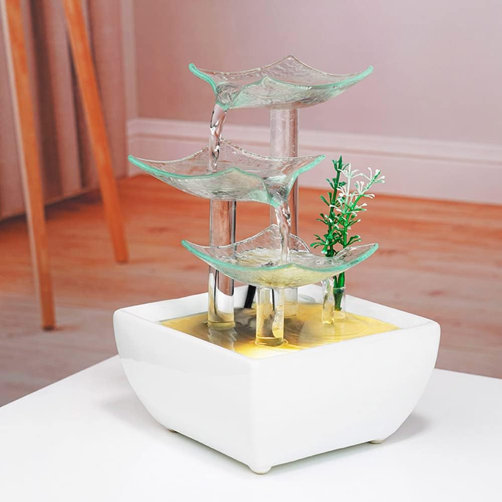 Ceramic and Glass Tabletop Fountain and Home Decoration Table Desk Office Patio White