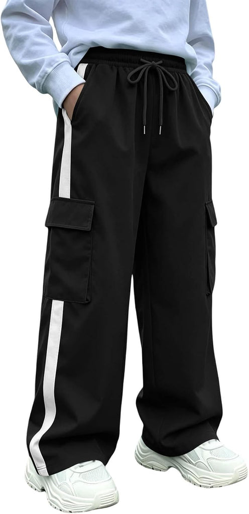 Boys Cargo Pants Baggy Wide Leg Elastic Waist Drawstring Chino Husky Pants