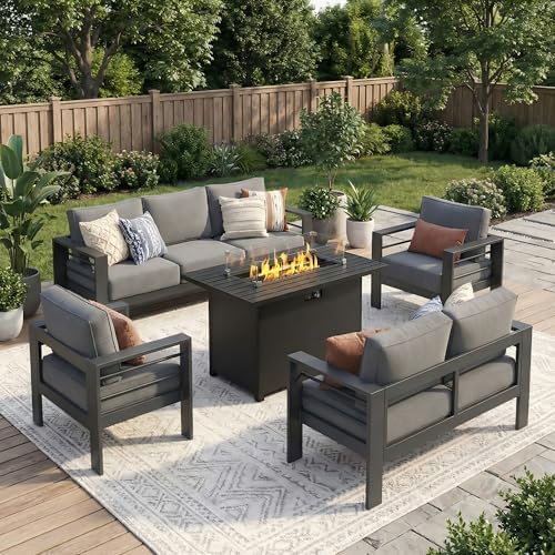 Aluminum Outdoor Patio Furniture Set - Fire Pit | Grey with Thick Cushions for Backyard, Garden & Porch