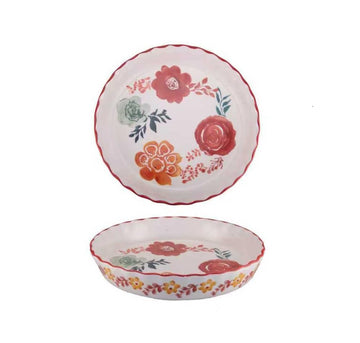 Ceramic Pie Pan Pie Dish for Oven 10 Inch Pie Plate Round Bakeware (Red Lotus)