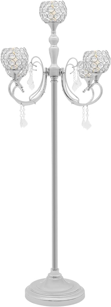 5 Arm Crystal Candelabra Centerpiece,49.2in Tall Floor Candelabra with Crystal Candle Holder Bowl,Silver Centerpiece