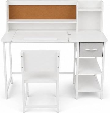 White Kids Desk and Chair Set for 6-12 Year Old, Children Study Desk with Hutch and Storage Shelf, Children Study