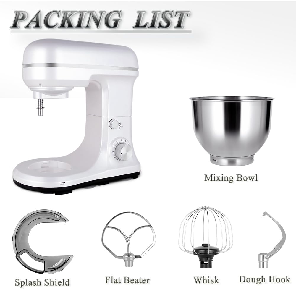 Stand Mixer 5-QT, 6+P Speed Tilt-Head Food Mixer 300W Dough Mixer with Stainless Steel Bowl,Dough Hook,Flat