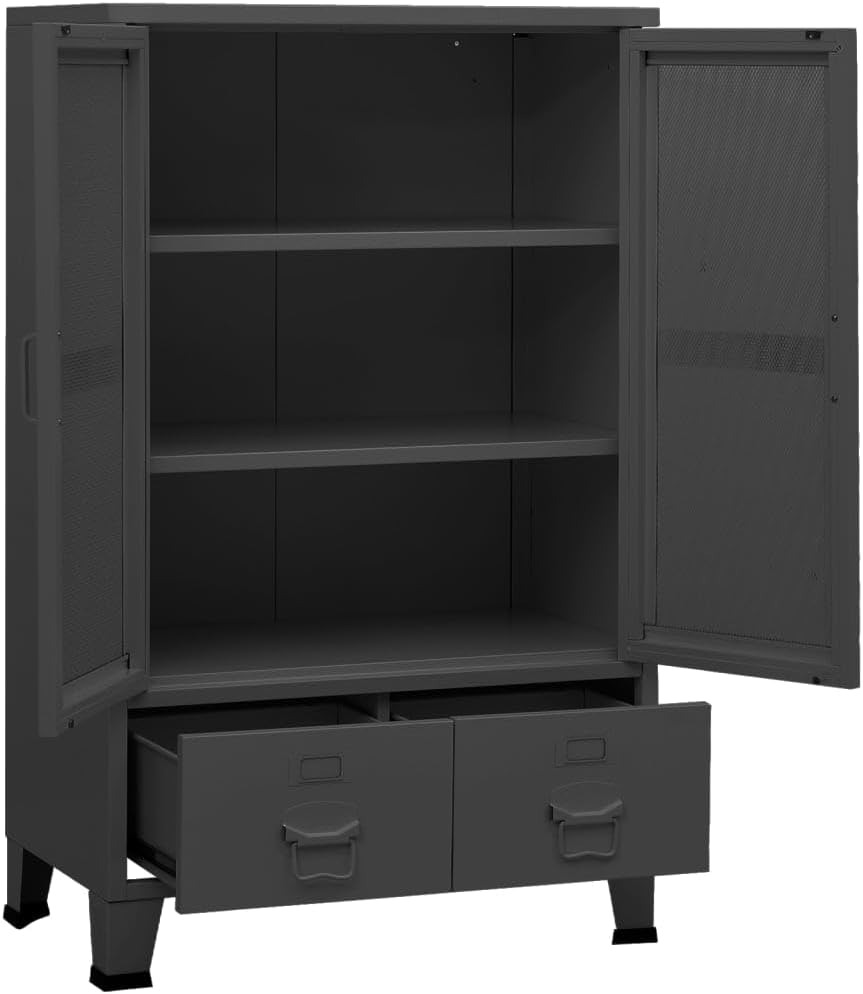 Industrial Storage Cabinet with 2 Doors, Metal Accent Storage Chest Bedroom, Anthracite Grey Organizer Console Table