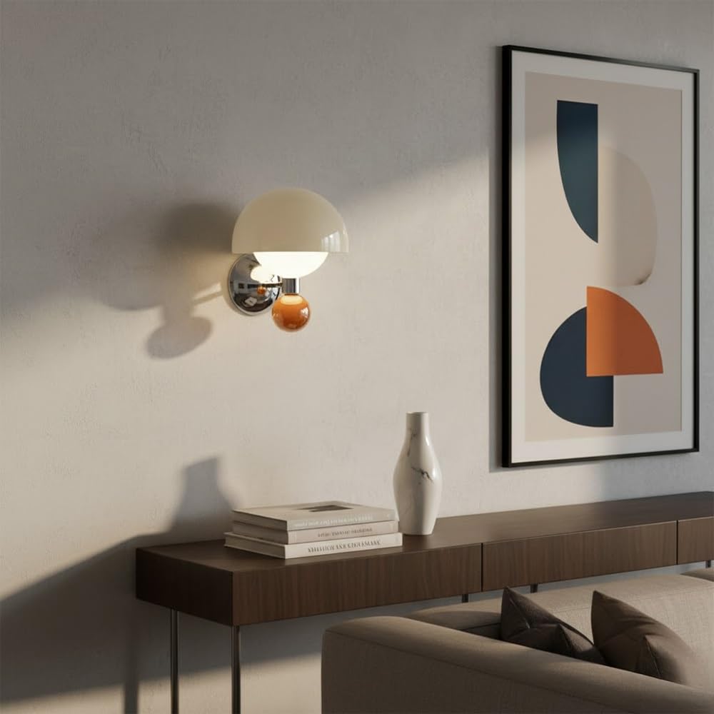 Modern Mushroom Wall Sconce, Minimalist Cream White Glass Globe Lamp, Chrome LED Bedside Lighting, Aesthetic Wall