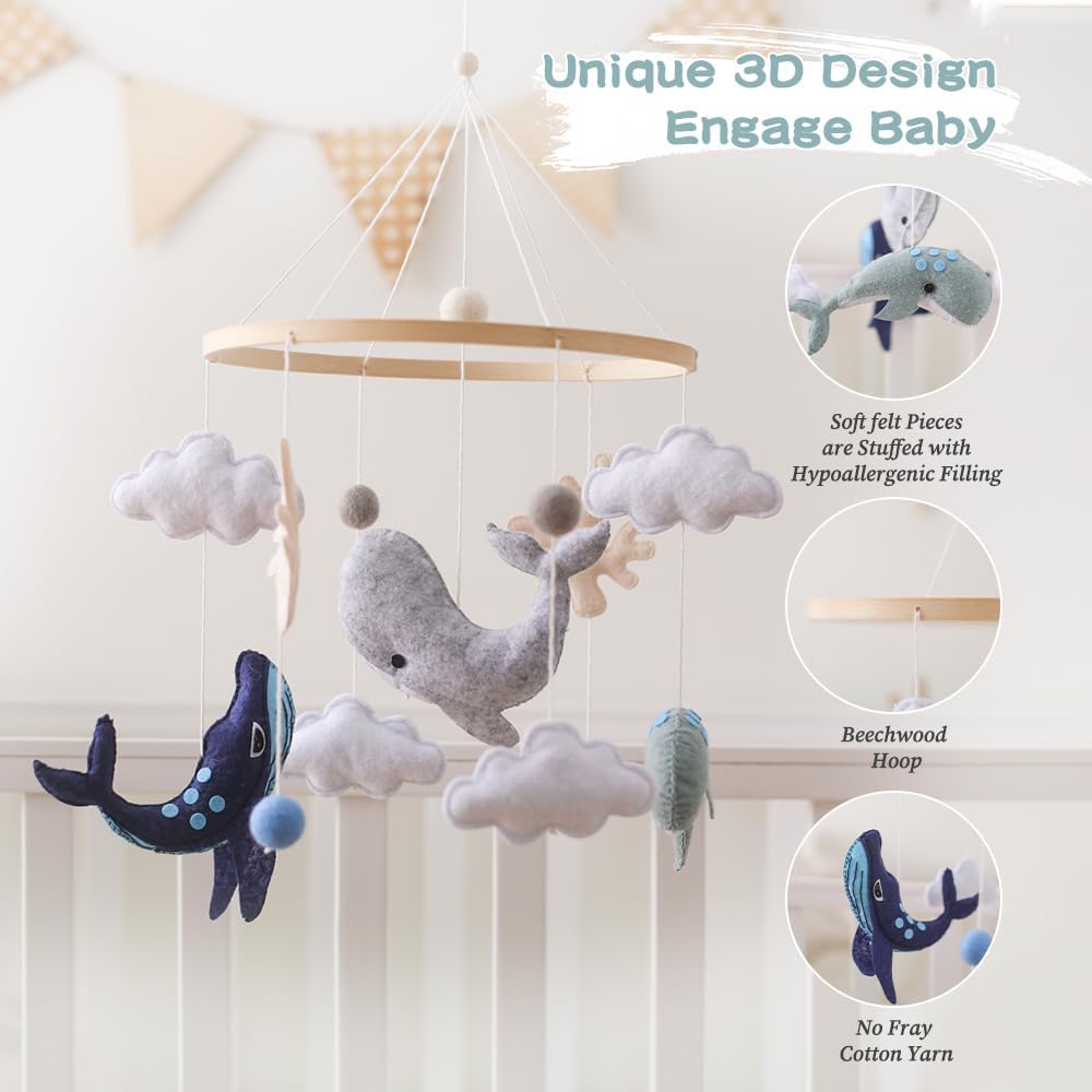 Montessori Baby Mobile for Crib Ocean Animals Crib Mobile Woodland Nursery Decor Soothe Toys for Ceiling Hanging Felt